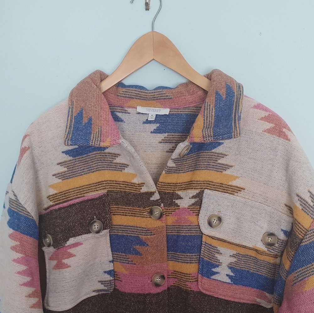 Veveret Colorful Aztec Sothwestern Western Duster Jacket Schacket Medium - Picture 4 of 13